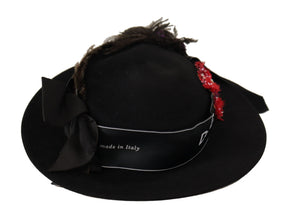 Black Lapil Crystal Heart Feather Brooch Fedora Hat Dolce & Gabbana
