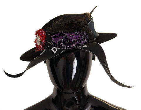 Black Lapil Crystal Heart Feather Brooch Fedora Hat Dolce & Gabbana