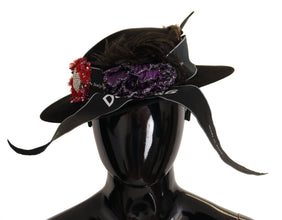 Black Lapil Crystal Heart Feather Brooch Fedora Hat Dolce & Gabbana