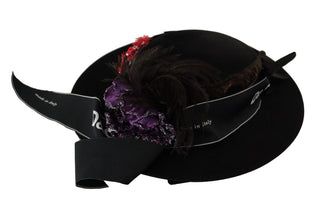 Black Lapil Crystal Heart Feather Brooch Fedora Hat Dolce & Gabbana