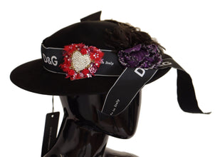 Black Lapil Crystal Heart Feather Brooch Fedora Hat Dolce & Gabbana
