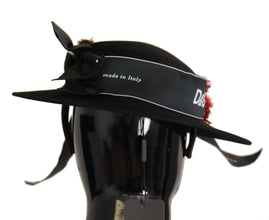 Black Lapil Crystal Heart Feather Brooch Fedora Hat Dolce & Gabbana