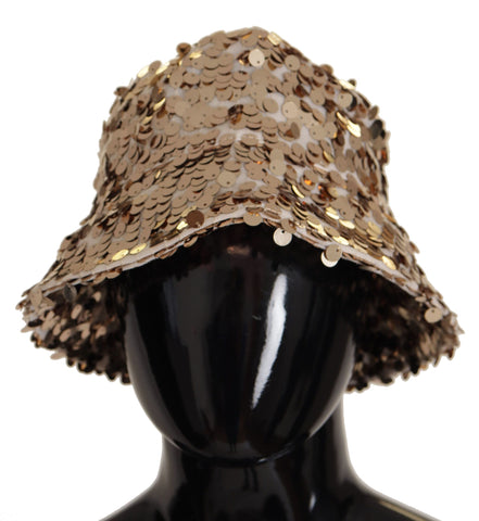 Gold Silk Sequin Embellished Designer Brim Bucket Hat Dolce & Gabbana