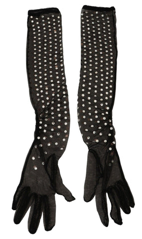 Black Crystal Elbow Length Cotton Tulle Gloves Dolce & Gabbana