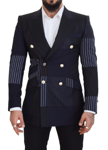 Blue Wool Patchwork Double Breasted Blazer Dolce & Gabbana