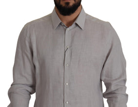Gray Linen Long Sleeves Formal GOLD Shirt Dolce & Gabbana