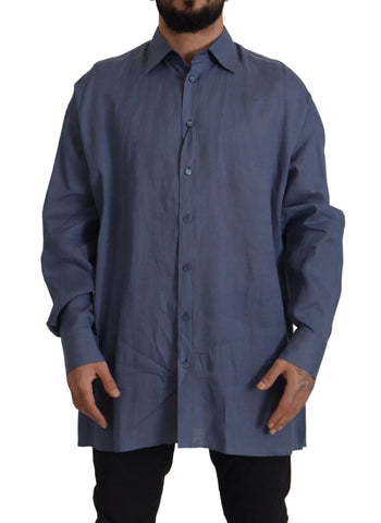 Dark Blue Linen Slim Fit Dress Formal Men Shirt Dolce & Gabbana