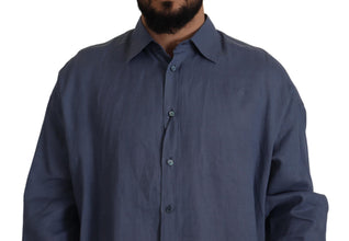 Dark Blue Linen Slim Fit Dress Formal Men Shirt Dolce & Gabbana