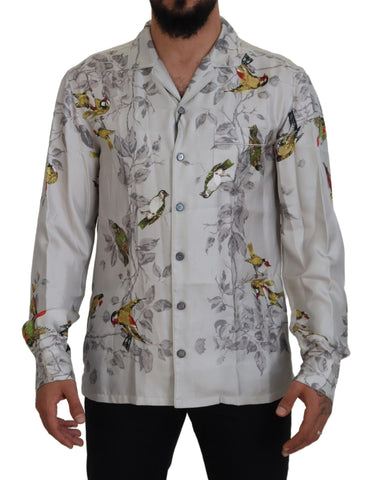White Bird Print Silk Satin Casual Shirt Dolce & Gabbana