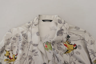 White Bird Print Silk Satin Casual Shirt Dolce & Gabbana