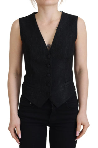 Black Brocade Button Down Sleeveless Vest Top Dolce & Gabbana