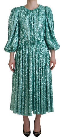 Blue Sequined Pleated Aline Midi Nylon Dress Dolce & Gabbana
