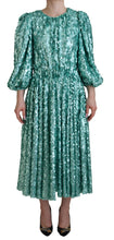 Blue Sequined Pleated Aline Midi Nylon Dress Dolce & Gabbana