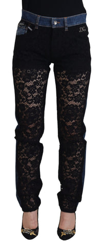 Black Floral Lace Front Skinny Denim Jeans Dolce & Gabbana