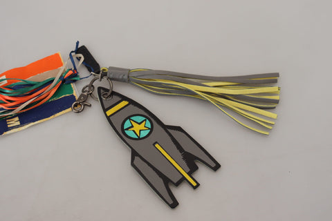 Multicolor Rocket Ship Silver Tone Metal Keychain MSGM