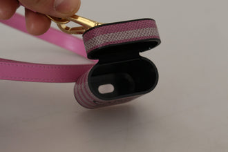 Pink Black Leather Strap Gold Metal Logo Airpods Case Dolce & Gabbana