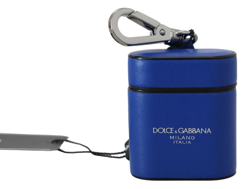 Blue Leather Silver Metal Logo Airpods Case Dolce & Gabbana