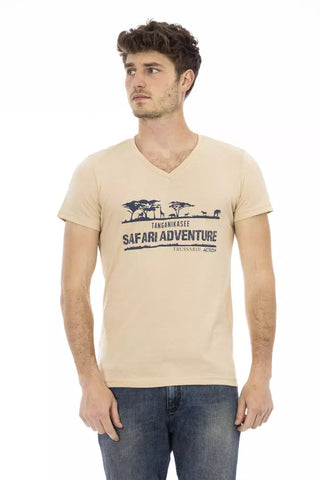Beige Cotton Men V-Neck T-Shirt Trussardi Action