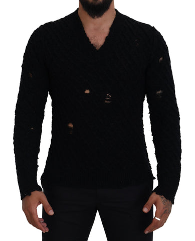 Black Wool V-neck Knitted Pullover Sweater Dolce & Gabbana