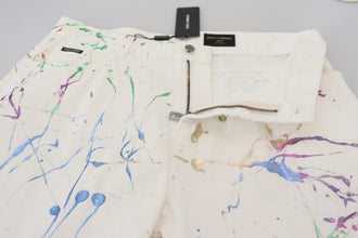 White Cotton Color Splash Print Denim Pants Dolce & Gabbana