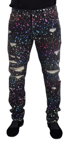 Black Multicolor Print Tattered Denim Jeans Dolce & Gabbana