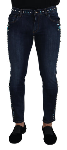 Blue Cotton Studded Low Waist Denim Jeans Dolce & Gabbana