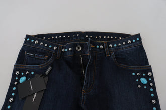Blue Cotton Studded Low Waist Denim Jeans Dolce & Gabbana