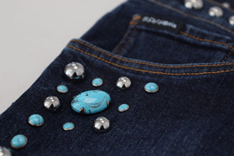 Blue Cotton Studded Low Waist Denim Jeans Dolce & Gabbana