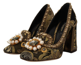 Gold Crystal Square Toe Brocade Pumps Shoes Dolce & Gabbana