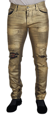 Gold Cotton Tattered Skinny Men Denim Jeans Dolce & Gabbana