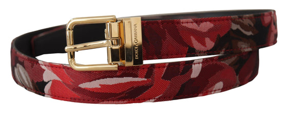 Red Jacquard Rose Leather Gold Metal Buckle Belt Dolce & Gabbana