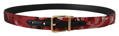 Red Jacquard Rose Leather Gold Metal Buckle Belt Dolce & Gabbana
