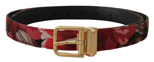 Red Jacquard Rose Leather Gold Metal Buckle Belt Dolce & Gabbana