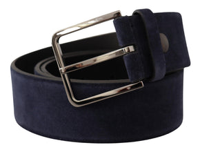 Navy Blue Velvet Leather Silver Logo Buckle Belt Dolce & Gabbana