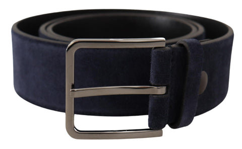 Navy Blue Velvet Leather Silver Logo Buckle Belt Dolce & Gabbana