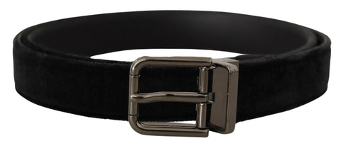 Black Velvet Silver Tone Logo Metal Buckle Belt Dolce & Gabbana