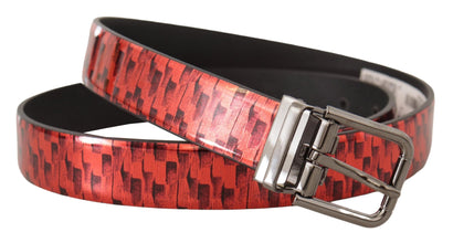 Red Herringbone Leather Gray Tone Buckle Belt Dolce & Gabbana