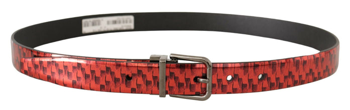 Red Herringbone Leather Gray Tone Buckle Belt Dolce & Gabbana