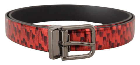 Red Herringbone Leather Gray Tone Buckle Belt Dolce & Gabbana