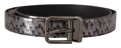 Gray Herringbone Leather Gray 3D Metal Buckle Belt Dolce & Gabbana