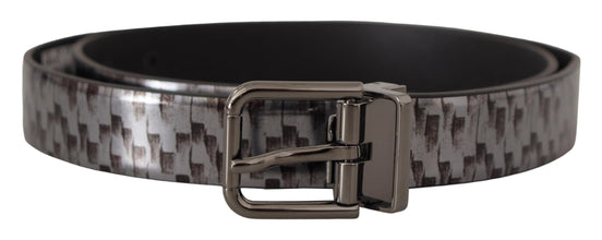 Gray Herringbone Leather Gray 3D Metal Buckle Belt Dolce & Gabbana