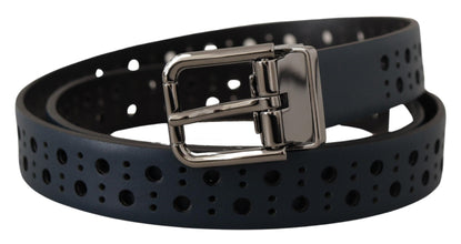 Navy Blue Perforated Leather Skinny Metal Buckle Belt Dolce & Gabbana