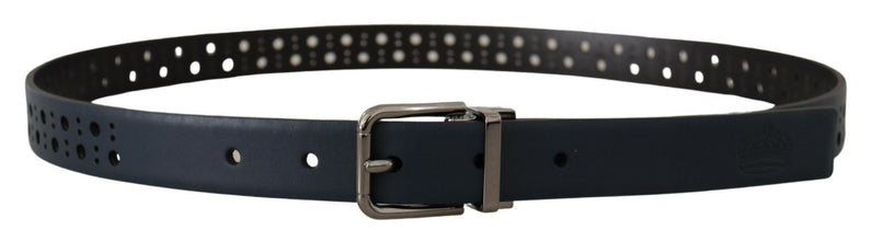 Navy Blue Perforated Leather Skinny Metal Buckle Belt Dolce & Gabbana