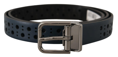 Navy Blue Perforated Leather Skinny Metal Buckle Belt Dolce & Gabbana