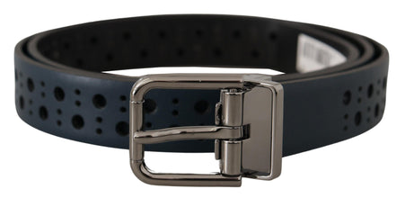 Navy Blue Perforated Leather Skinny Metal Buckle Belt Dolce & Gabbana