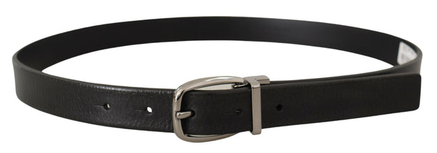 Black Leather Silver Chrome Metal Logo Buckle Belt Dolce & Gabbana