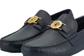 Elegant Navy Blue Calf Leather Loafers Versace