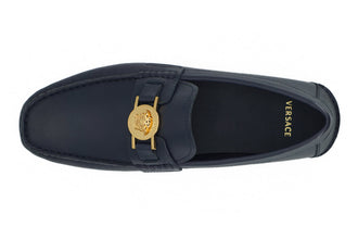 Elegant Navy Blue Calf Leather Loafers Versace