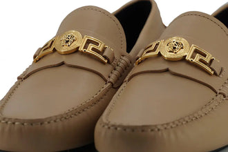 Exquisite Medusa Gold-Tone Leather Loafers Versace