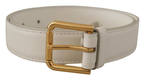 White Calf Leather Gold Tone Logo Metal Buckle Belt Dolce & Gabbana